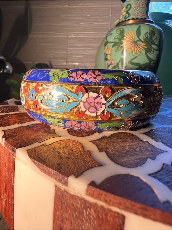 Antique Jewelry - Incredible Detailed Antique Blue and Gold Floral Cloisonné Bracelet